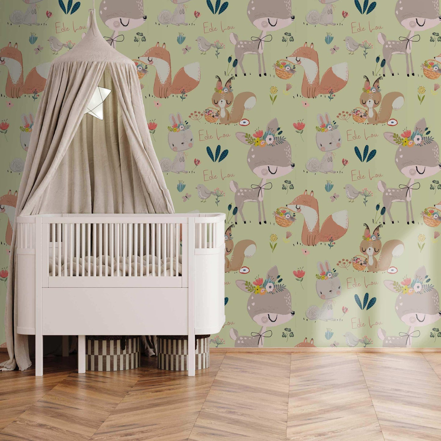 Bedroom idea Nursery Wallpaper Cute Woodland Animals Foxes Rabbits - Personalised