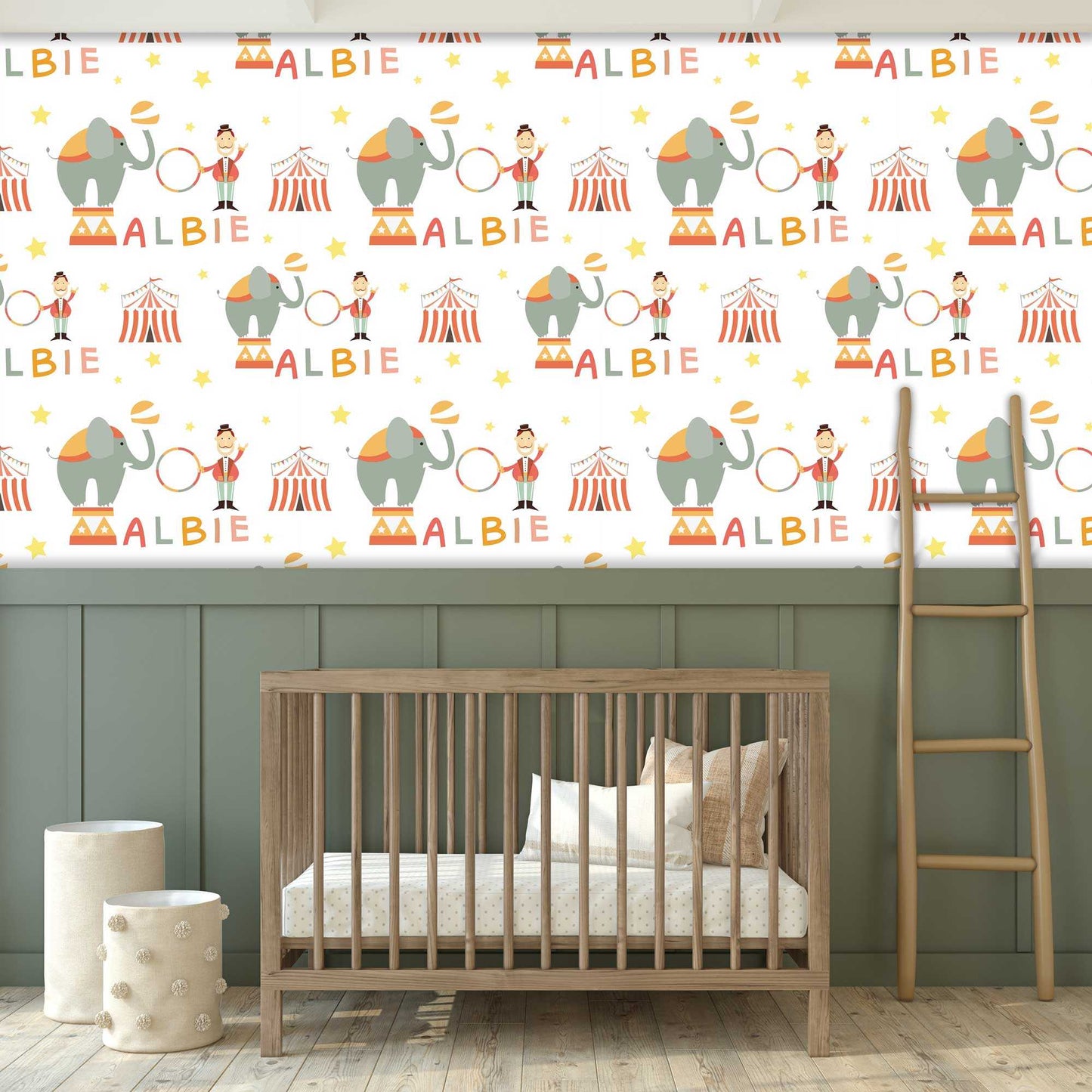 Nursery Idea Circus Wallpaper for Kids Personalised luxury fun wallpaper featuring circus ringmaster, big top tents, majestic elephants, and twinkling stars. Wallpaper for baby's kids nurseries or play areas