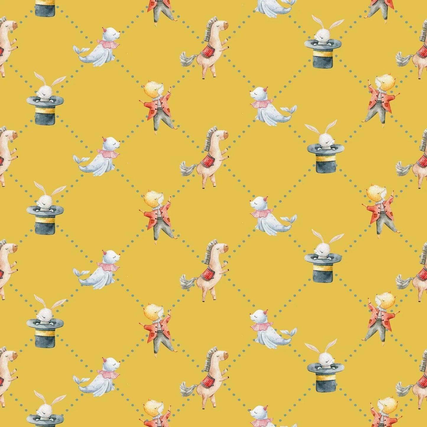 Yellow Kids Wallpaper Horses, Rabbits, Bears and Sea Lions Bedroom Wallpaper.