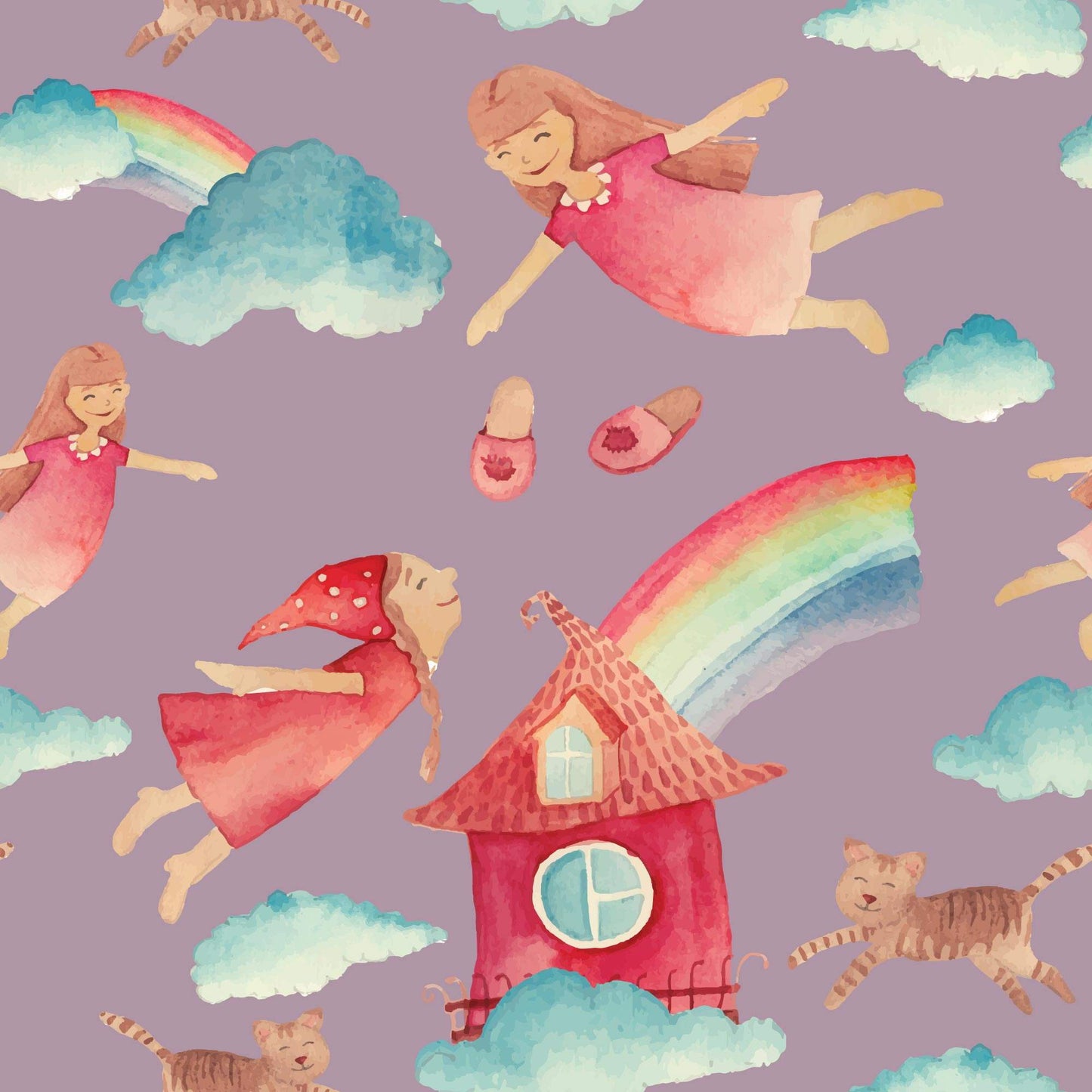 Pale Purple Childrens Wallpaper for babies bedrooms Rainbows Fluffy Clouds Cats