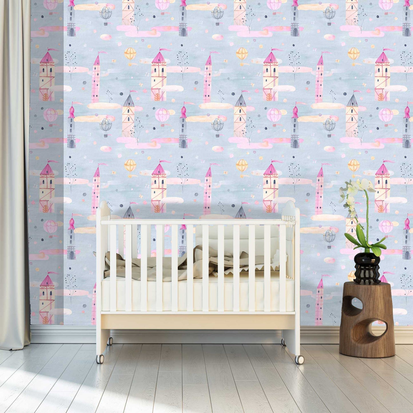 Baby Girls Bedroom Fairytale Wallpaper Castles, Floating Balloons in Pinks, Blues, Creams Bedroom Idea