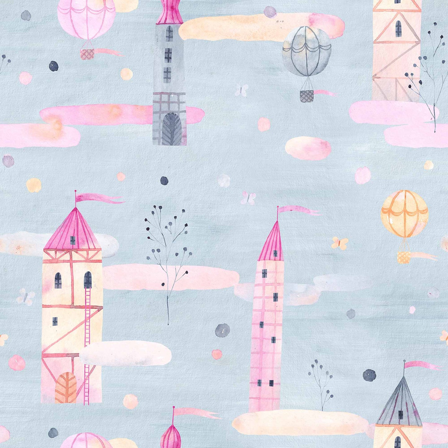 Baby Girls Bedroom Wallpaper Fairytale Wallpaper Castles, Floating Balloons in Pinks, Blues, Creams