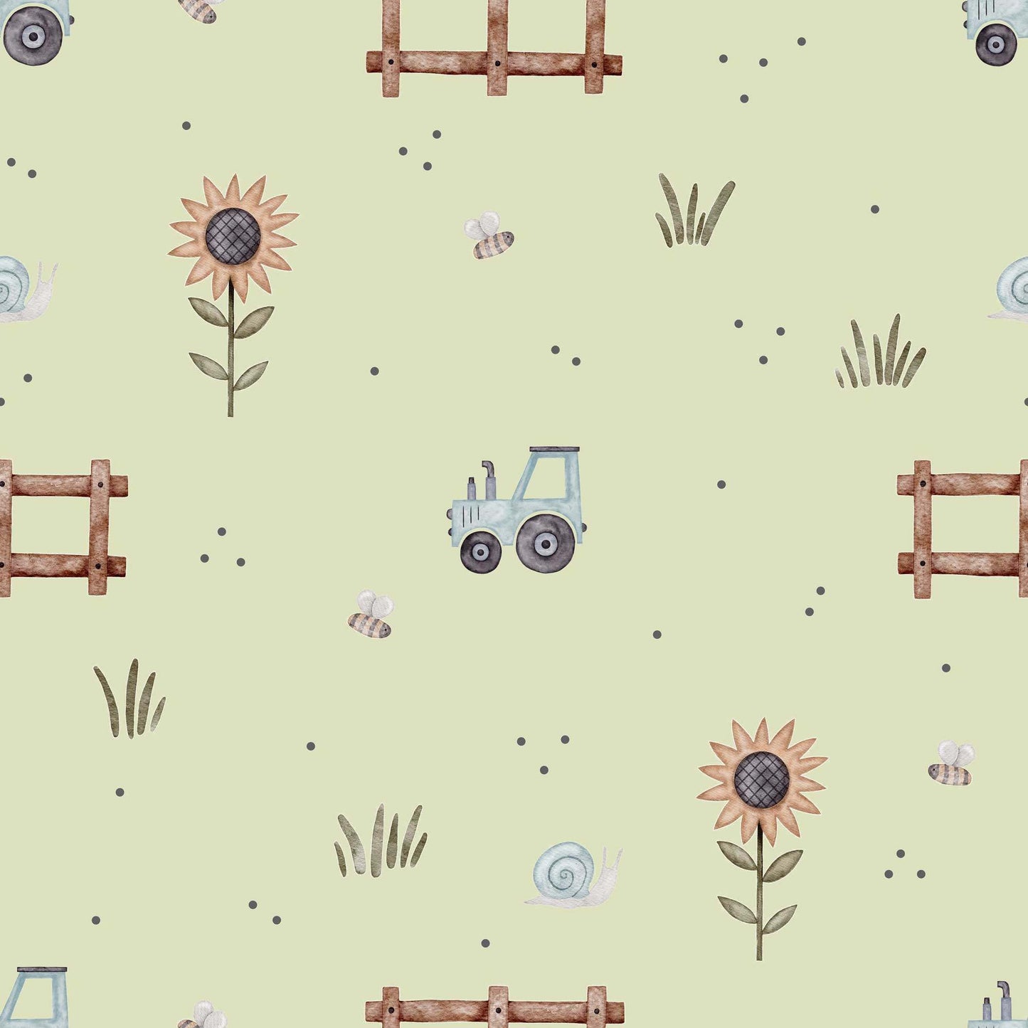 Farmyard Wallpaper - Super Tractor, Buzzing Bees, Flowers and Snails. Green