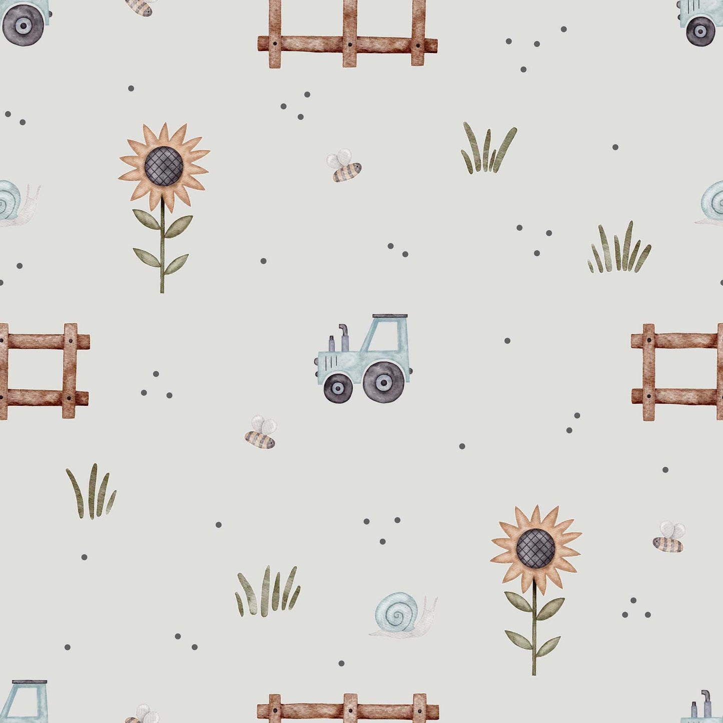 Farmyard Wallpaper - Super Tractor, Buzzing Bees, Flowers and Snails. Grey