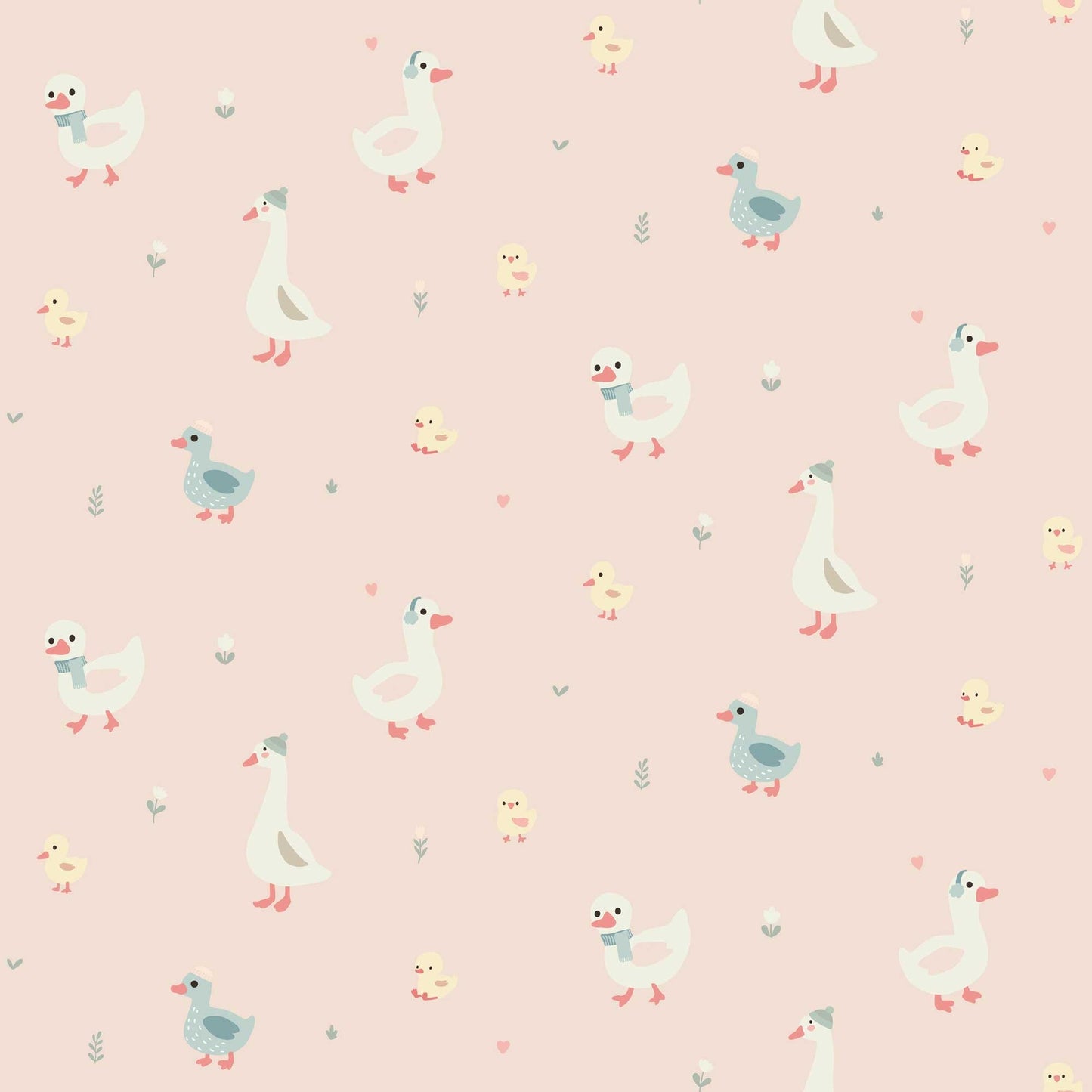 Nursery Wallpaper - Cute Geese Ducks and Baby Chicks with pastel pink background