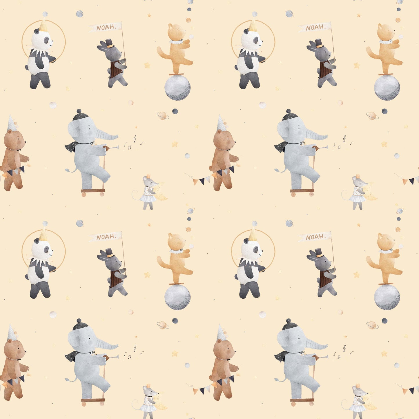 Pattern of bears elephants and pandas on a Calico background
