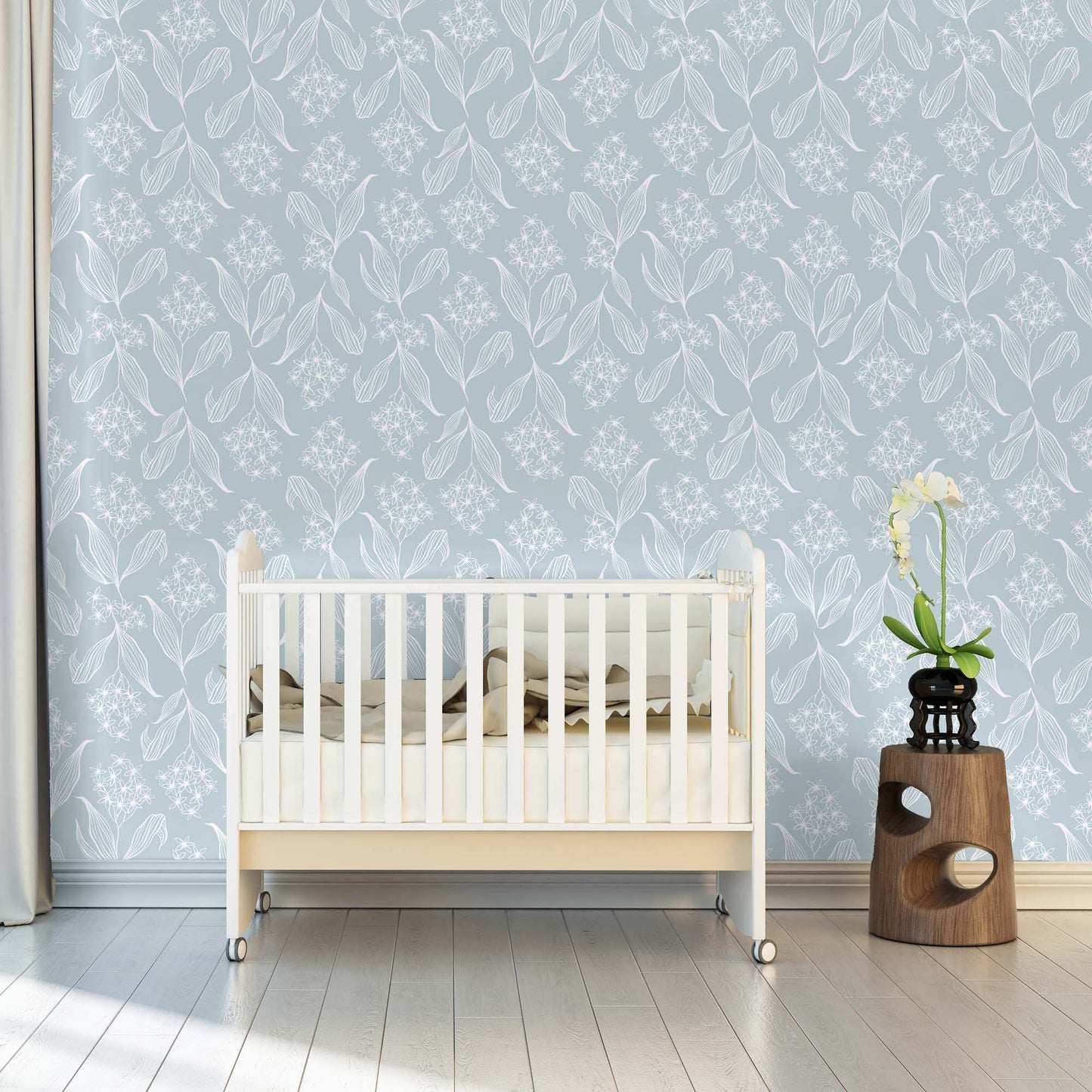 Blue bedroom Baby's relaxing nursery wallpaper with flowers in pastel shades