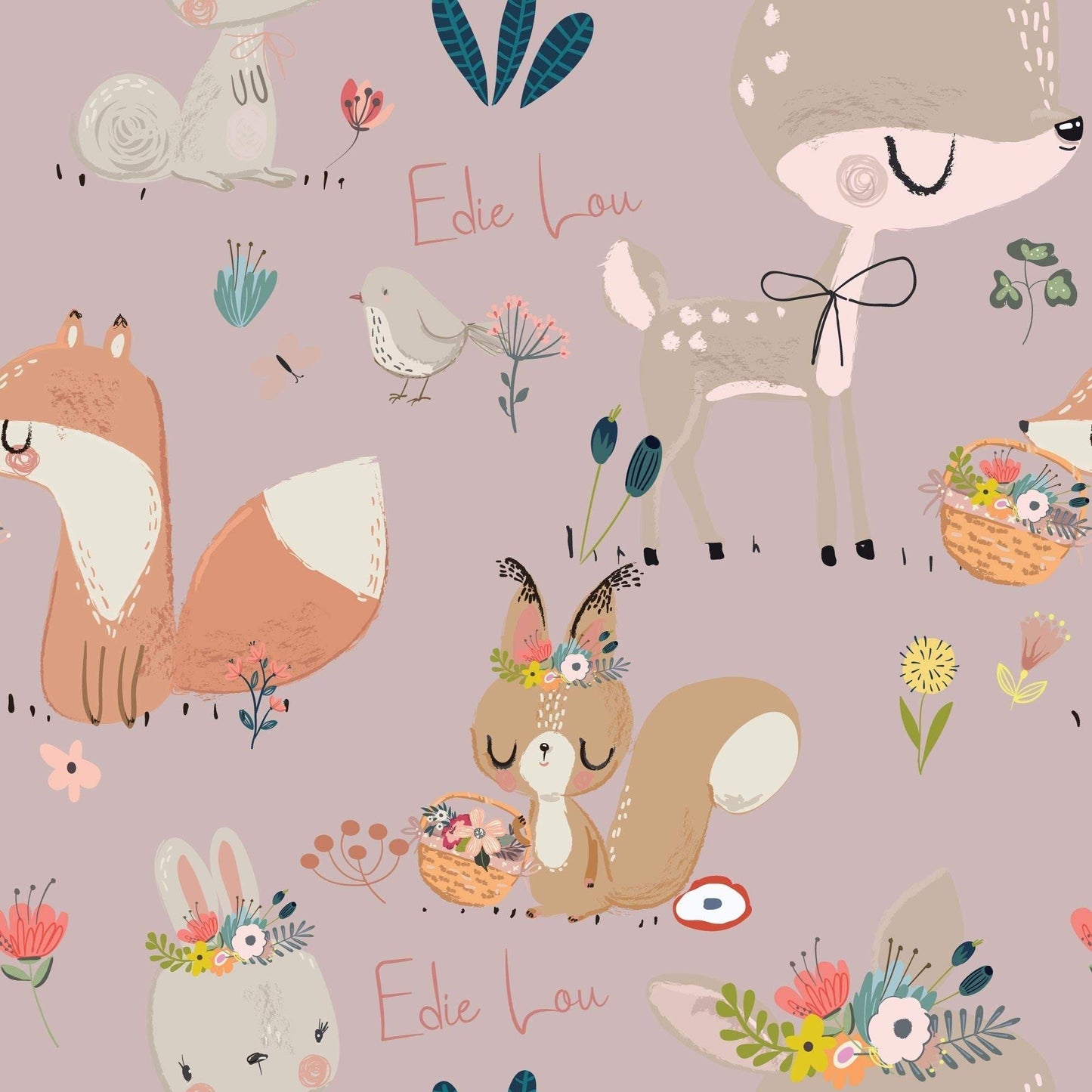 Dusky Pink Nursery Wallpaper Cute Woodland Animals Foxes Rabbits - Personalised