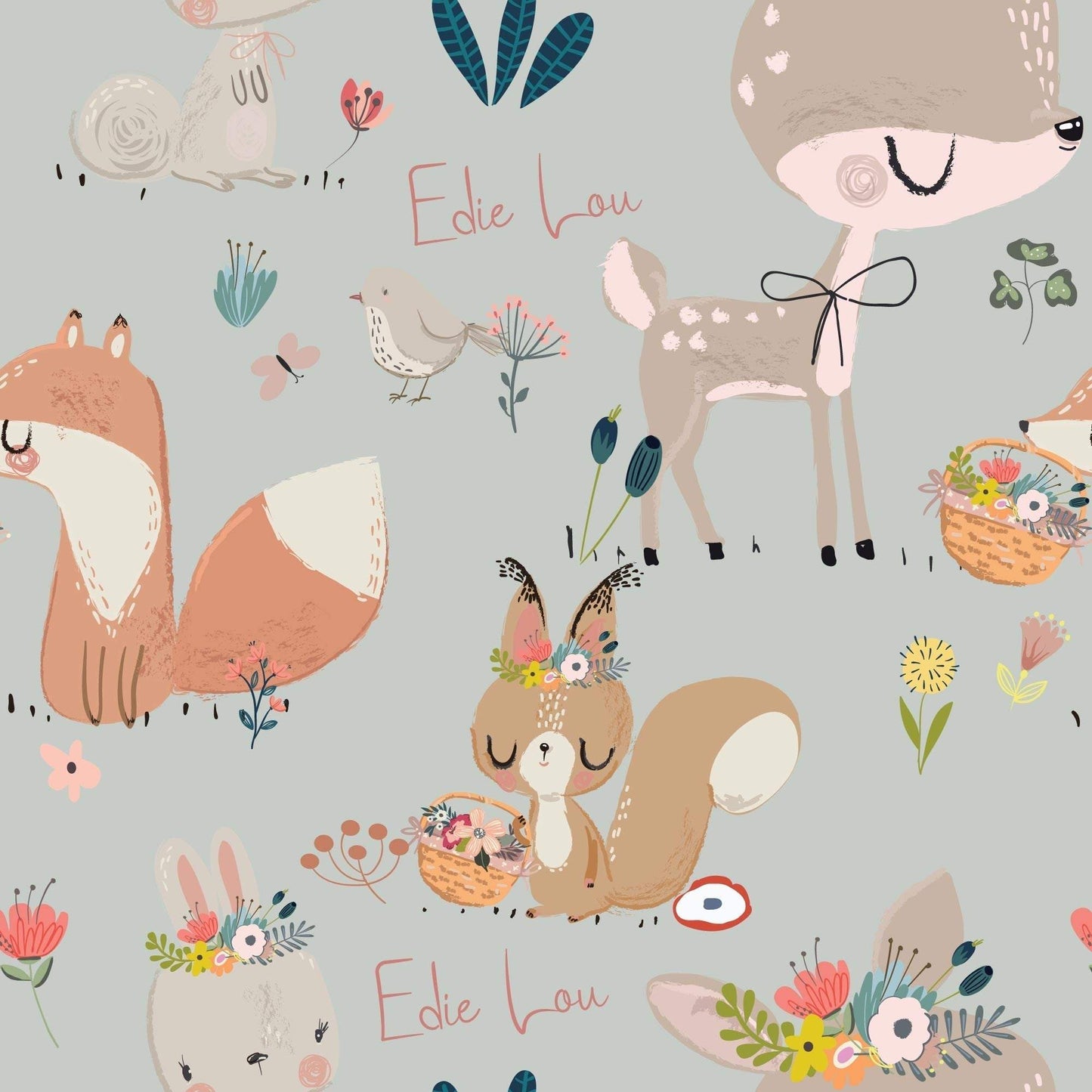 Grey Blue Nursery Wallpaper Cute Woodland Animals Foxes Rabbits - Personalised