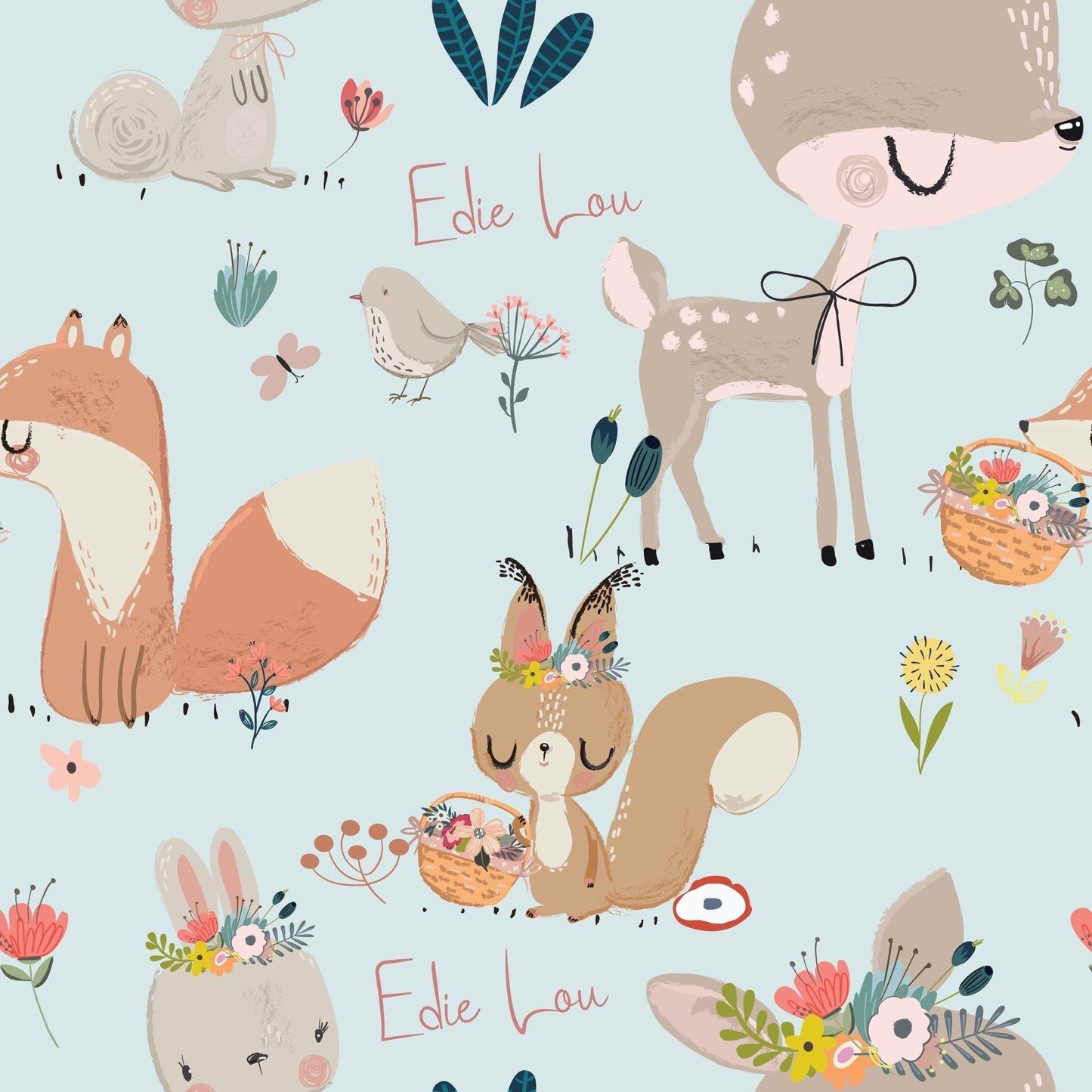 Blue Nursery Wallpaper Cute Woodland Animals Foxes Rabbits - Personalised