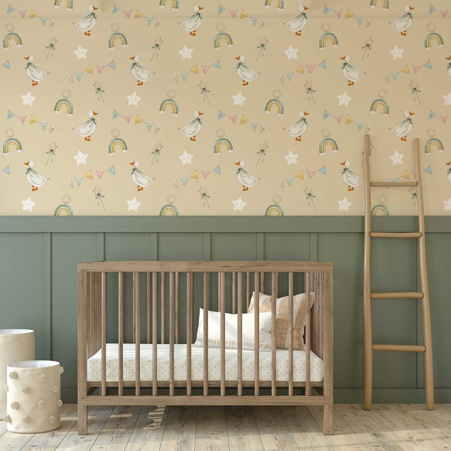 Bespoke Nursery Wallpaper - Ducks Stars Ribbons & Rainbows