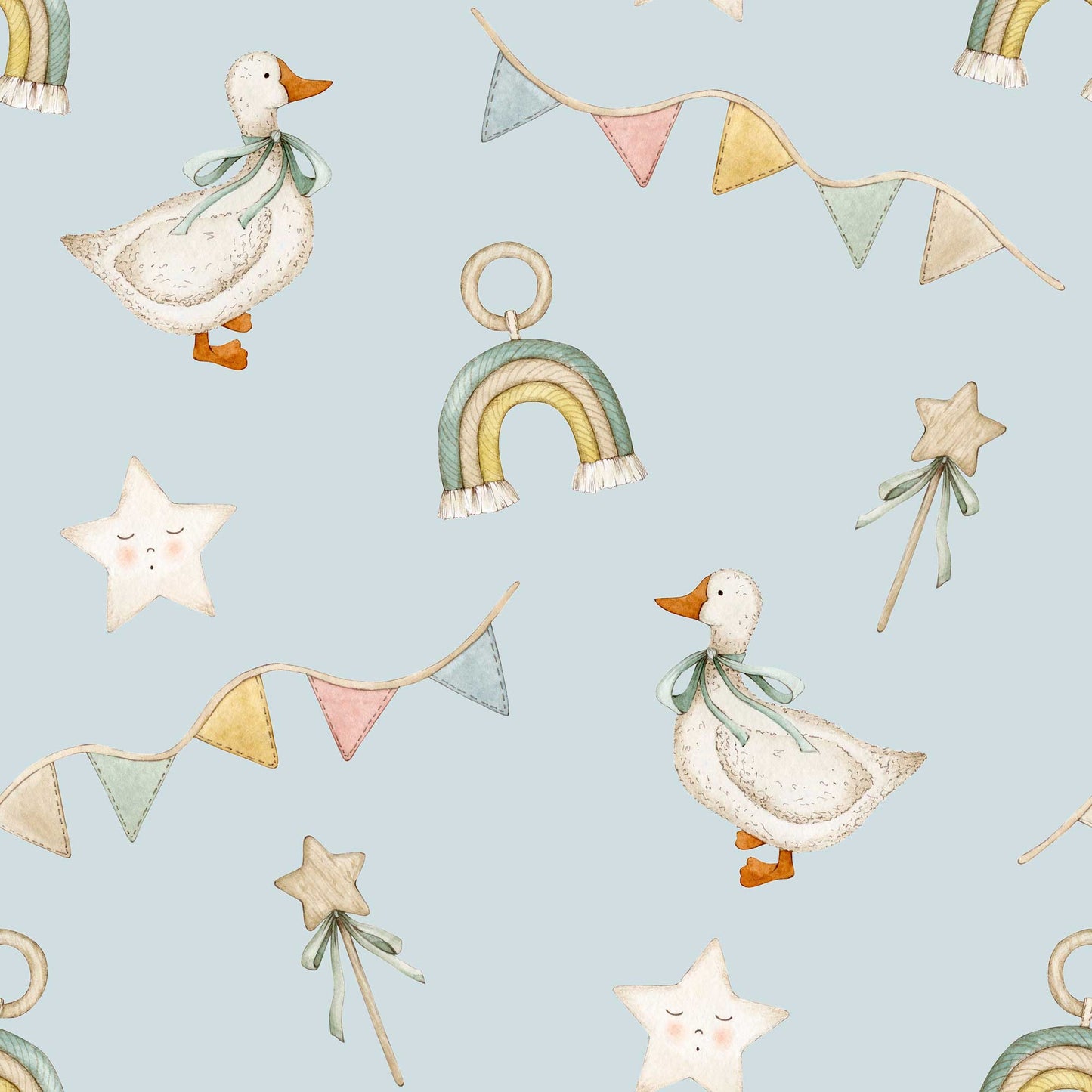Bespoke Nursery Wallpaper - Ducks Stars Ribbons & Rainbows