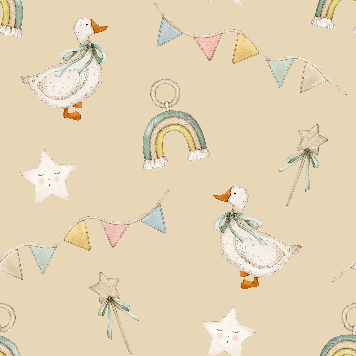Bespoke Nursery Wallpaper - Ducks Stars Ribbons & Rainbows