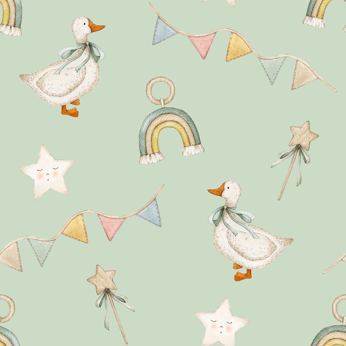 Bespoke Nursery Wallpaper - Ducks Stars Ribbons & Rainbows