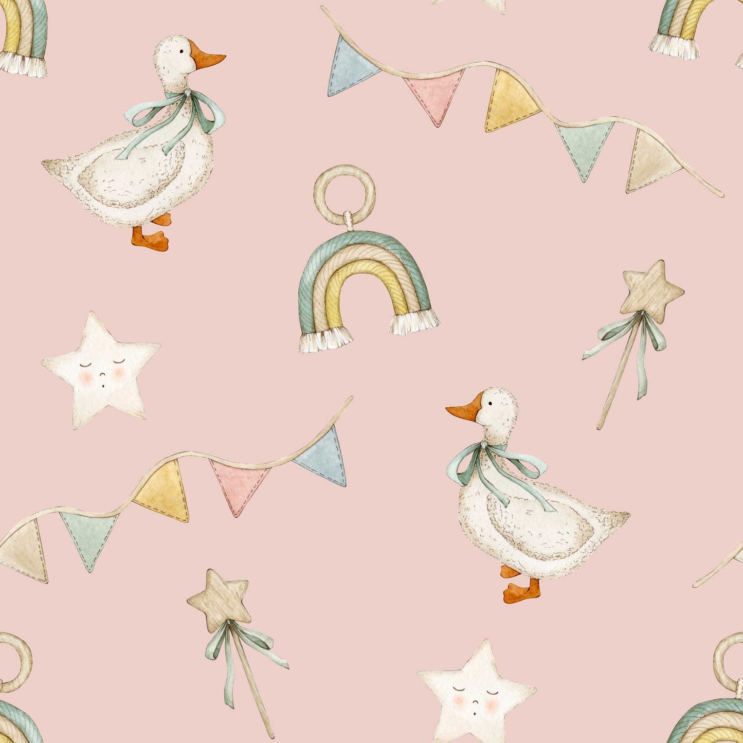 Bespoke Nursery Wallpaper - Ducks Stars Ribbons & Rainbows