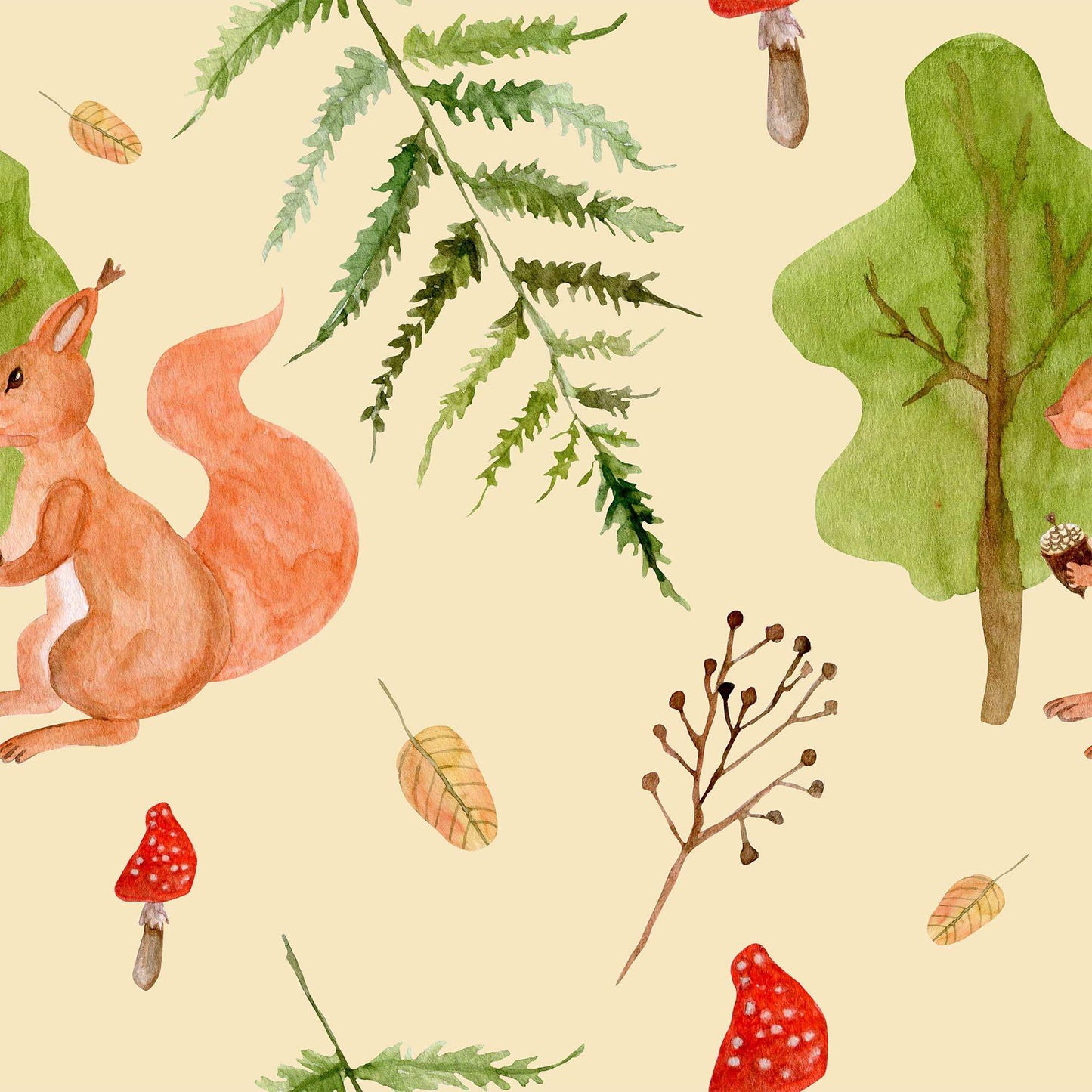 Yellow Nursery Bedroom Wallpaper Red Squirrel cute Mushrooms Forest Leaves.