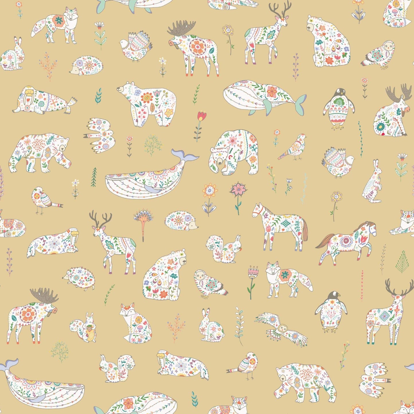 Golden Kids Scandinavian Bedroom wallpaper with animals bears birds rabbits owls