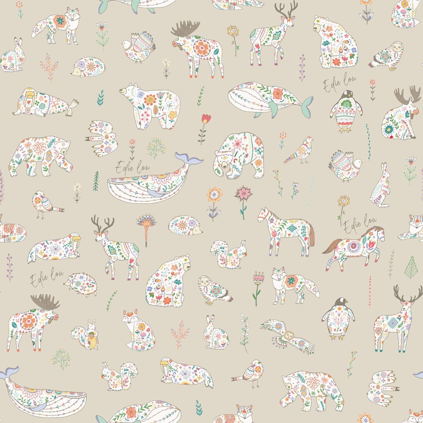 Beige Kids Scandinavian Bedroom wallpaper with animals bears birds rabbits owls