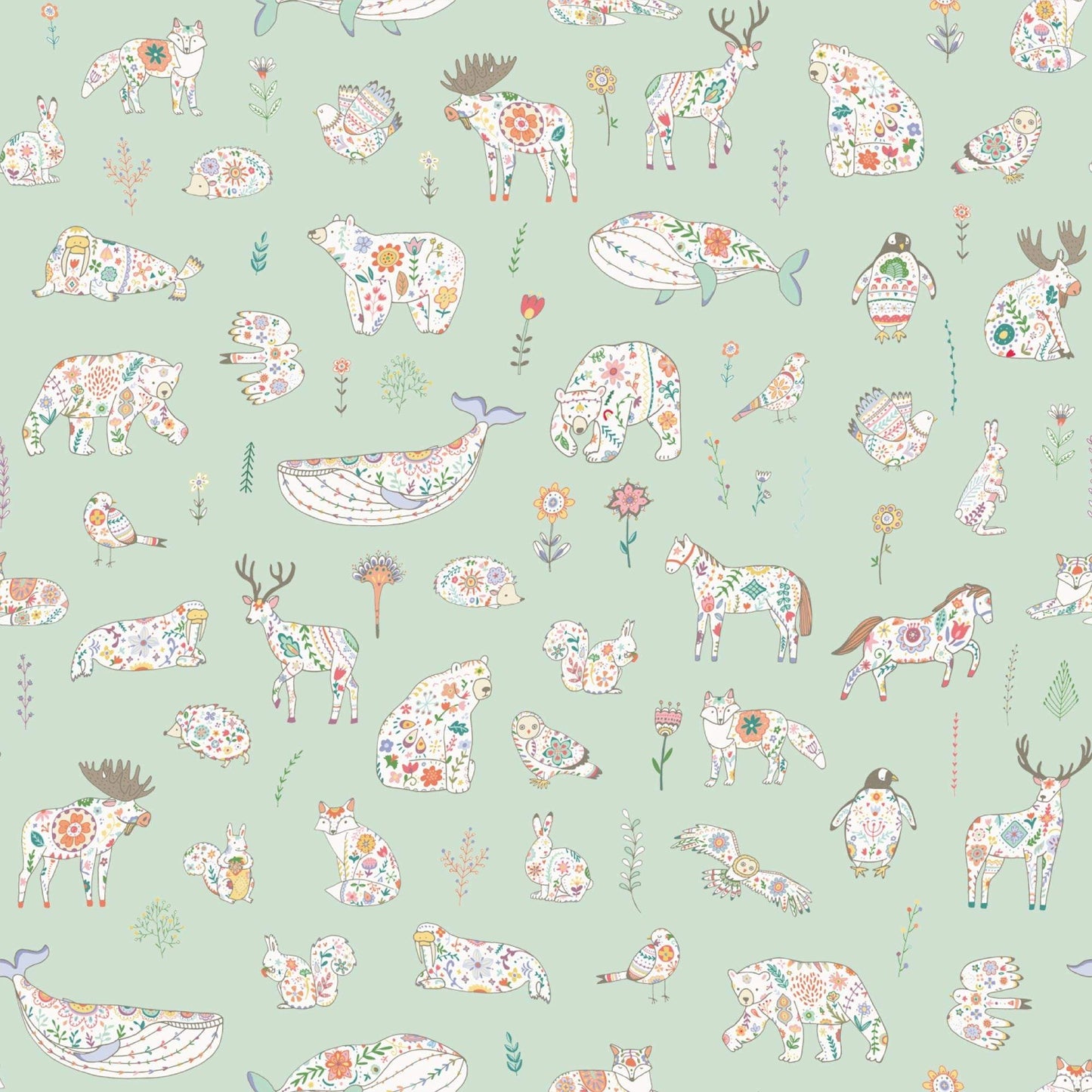 Green Kids Green Kids Scandinavian Bedroom wallpaper with animals bears birds rabbits owls