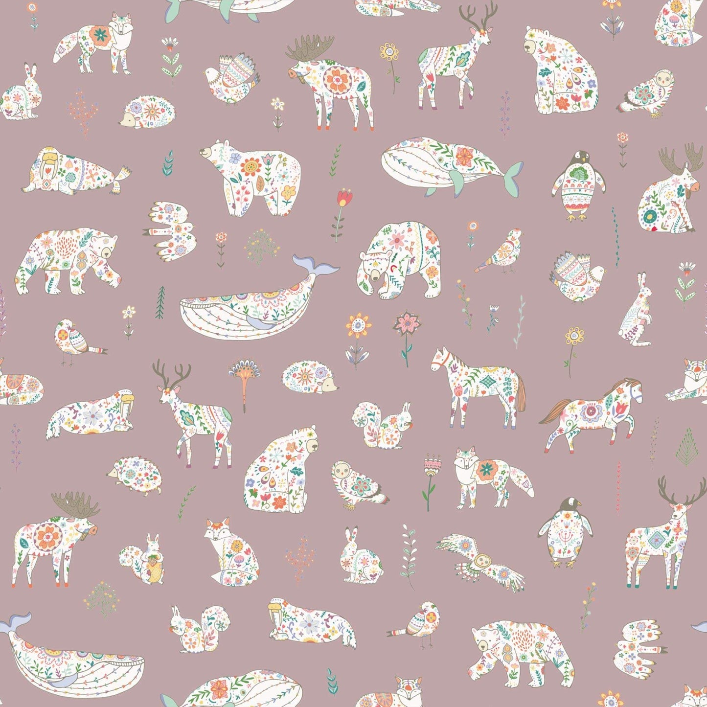 Light Purple Kids Scandinavian Bedroom wallpaper with animals bears birds rabbits owls
