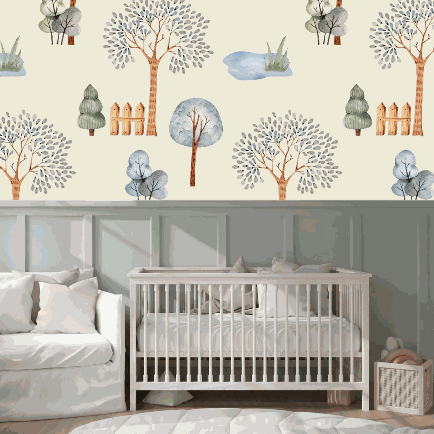 Pale Green Luxury Childrens Wallpaper with beautiful trees in bedroom