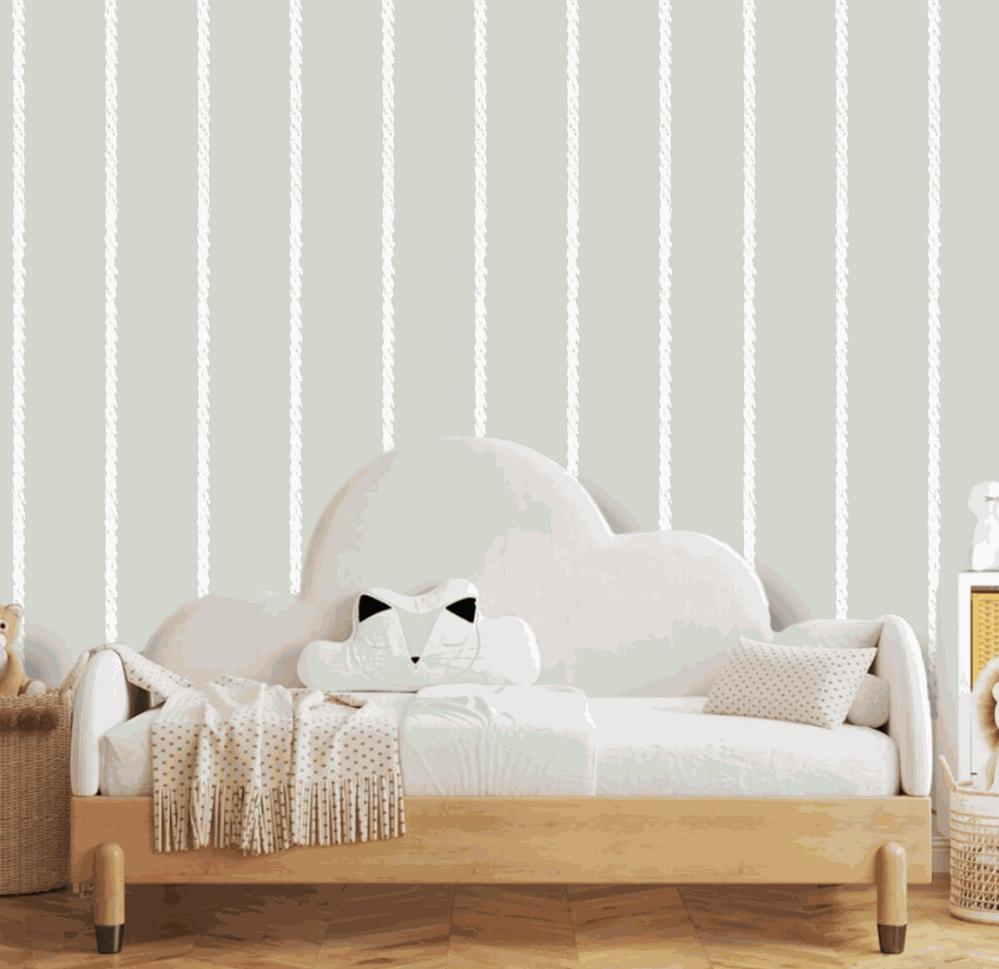 A classic pinstripe wallpaper a uk made design, perfect for all kids childrens babies toddlers bedrooms or play areas in white and pale minty green