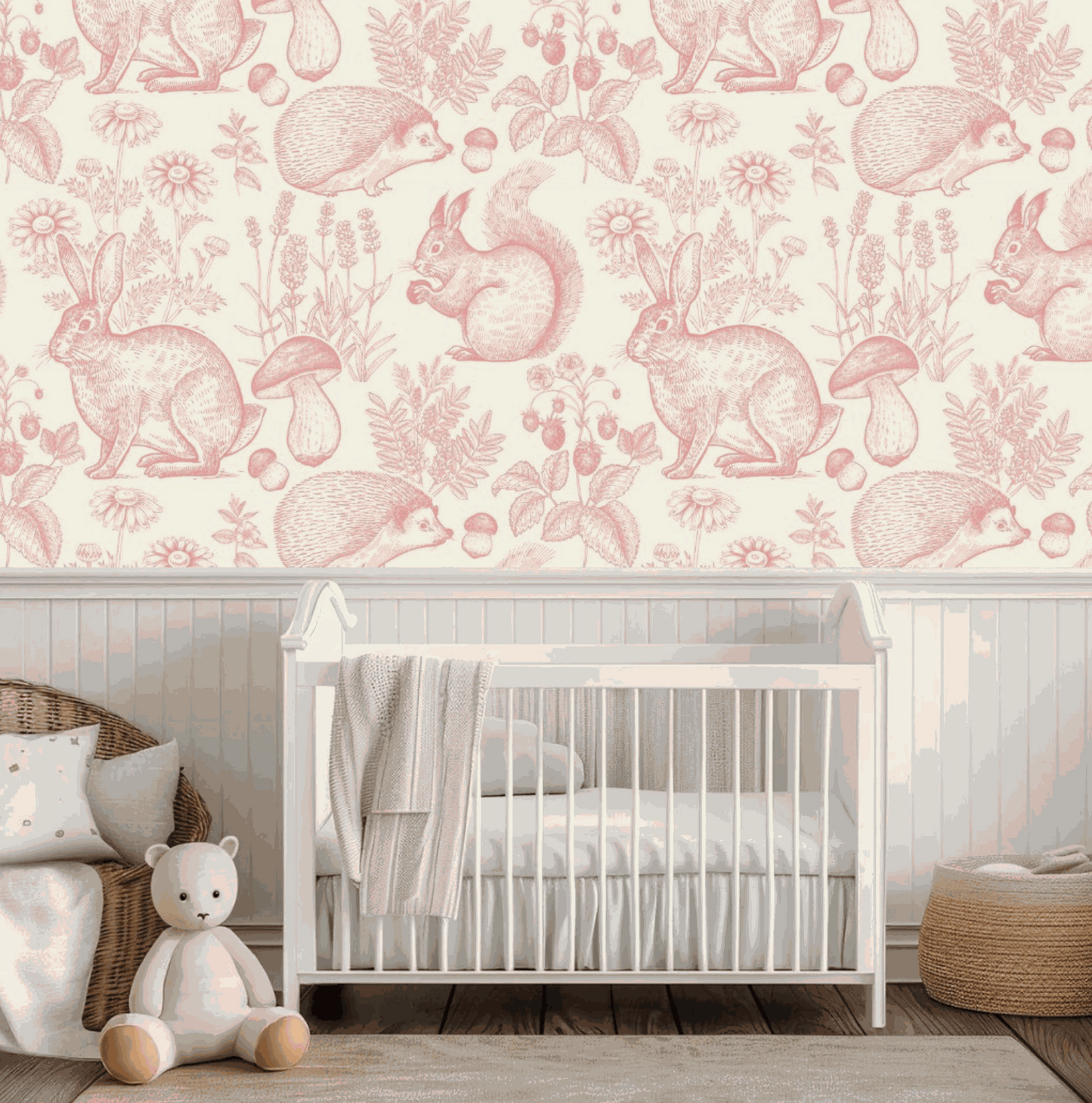 Idea for Bedroom Wallpaper for Children toddlers featuring rabbits, hedgehogs and toadstools