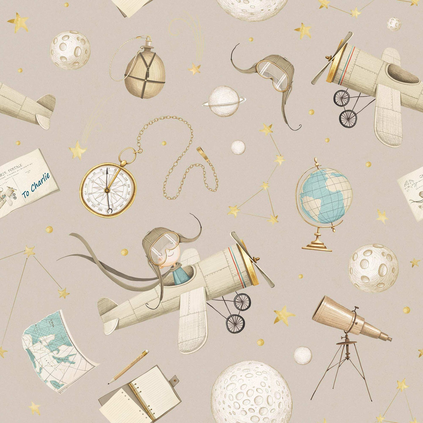 Cool Beige Kids Wallpaper Planets Shooting Stars, Planes, Maps, Astronomy is Fun