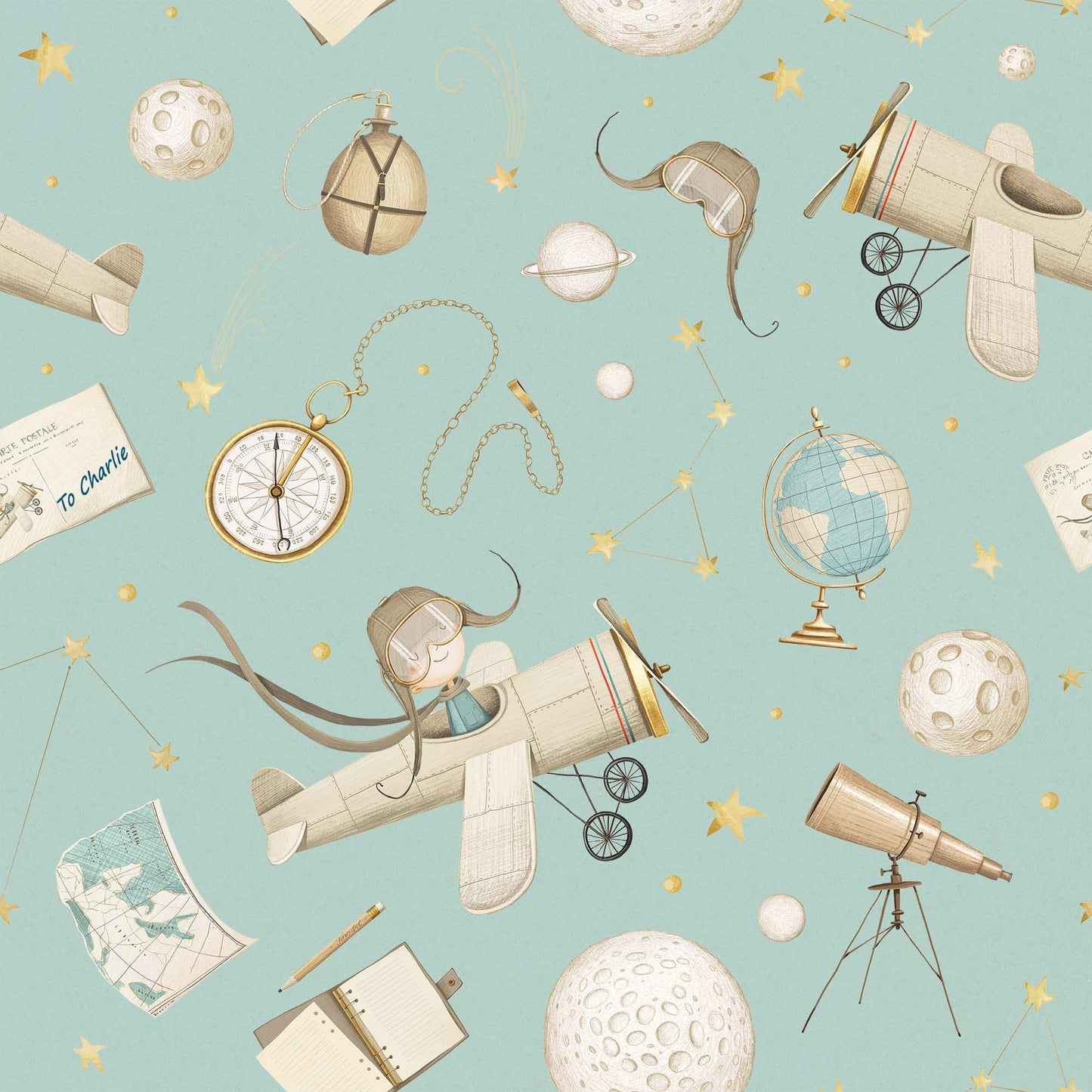 Cool Blue Kids Wallpaper Planets Shooting Stars, Planes, Maps, Astronomy is Fun