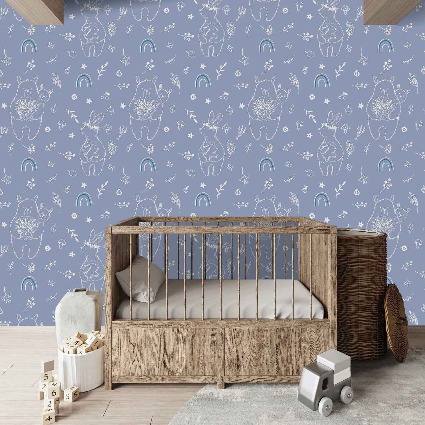 Babies bedroom Wallpaper Rainbow Cute Bears Flowers Mushrooms and Nuts Blue Bedroom