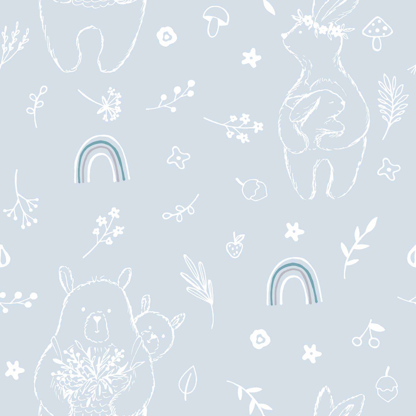 Babies bedroom Wallpaper Rainbow Cute Bears Flowers Mushrooms and Nuts Pale Blue