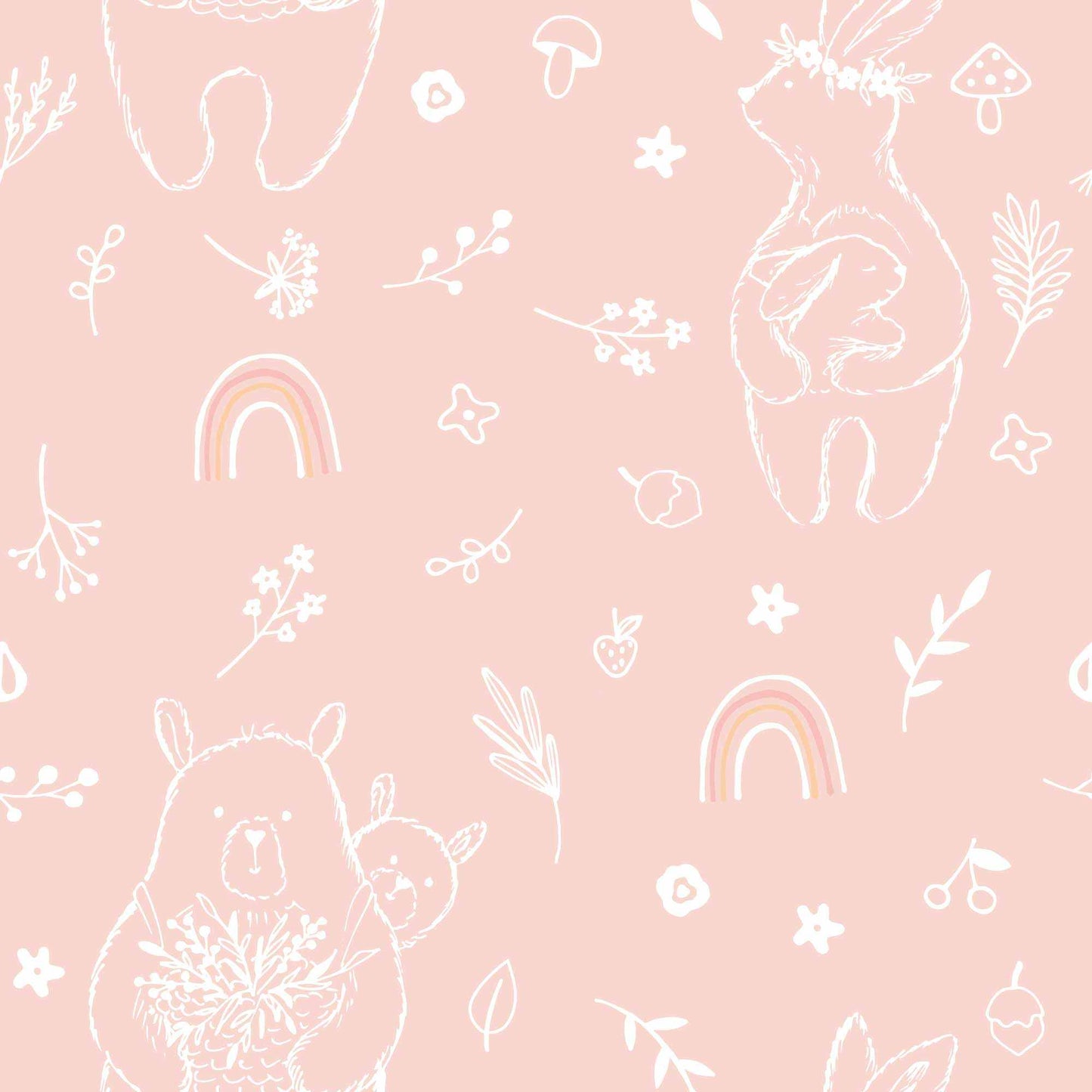 Babies bedroom Wallpaper Rainbow Cute Bears Flowers Mushrooms and Nuts in Pale Pink