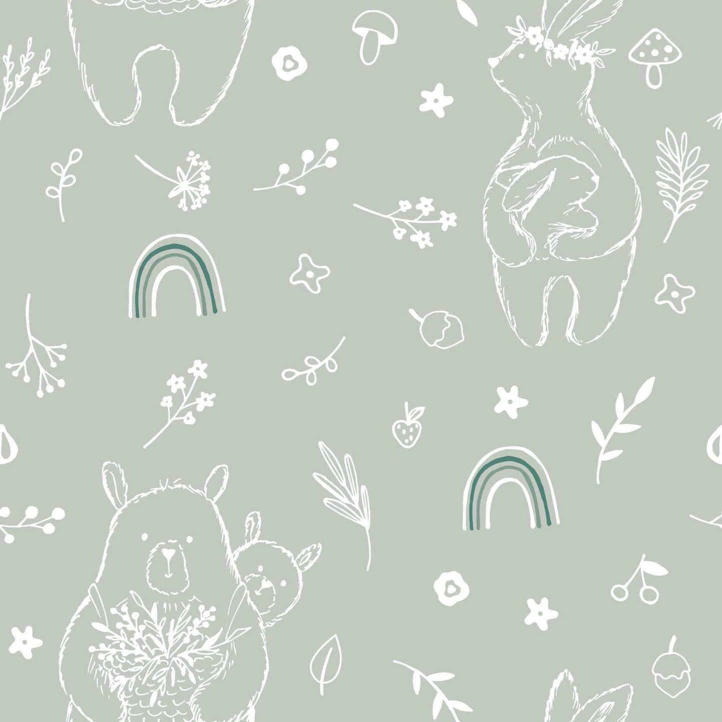 Babies bedroom Wallpaper Rainbow Cute Bears Flowers Mushrooms and Nuts Pale Green