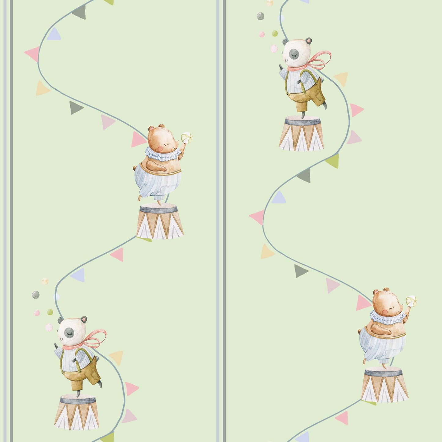 Nursery Wallpaper Bears Cute Pandas, Flying Flags, Balls in Pastels pale green