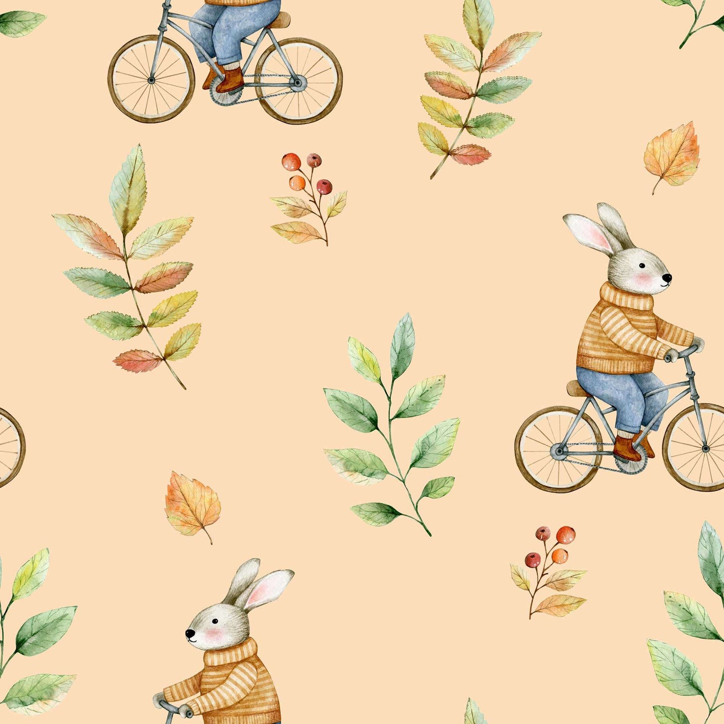 Childrens Bedroom Wallpaper Cute Bunnies riding on old fashioned Bikes in Apricot
