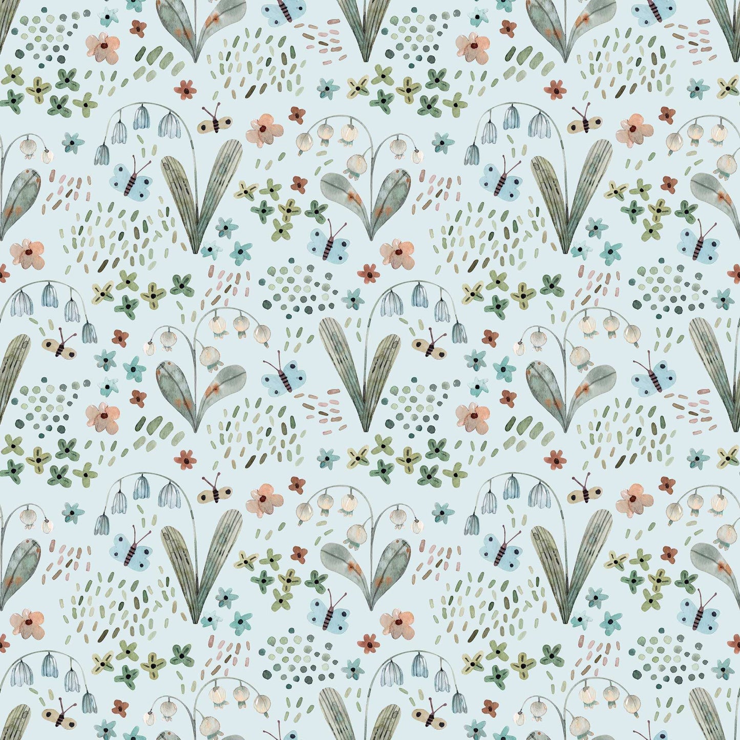 Nursery Wallpaper adorned with Tiny Butterflies Snowdrops, Bluebells with pale blue background