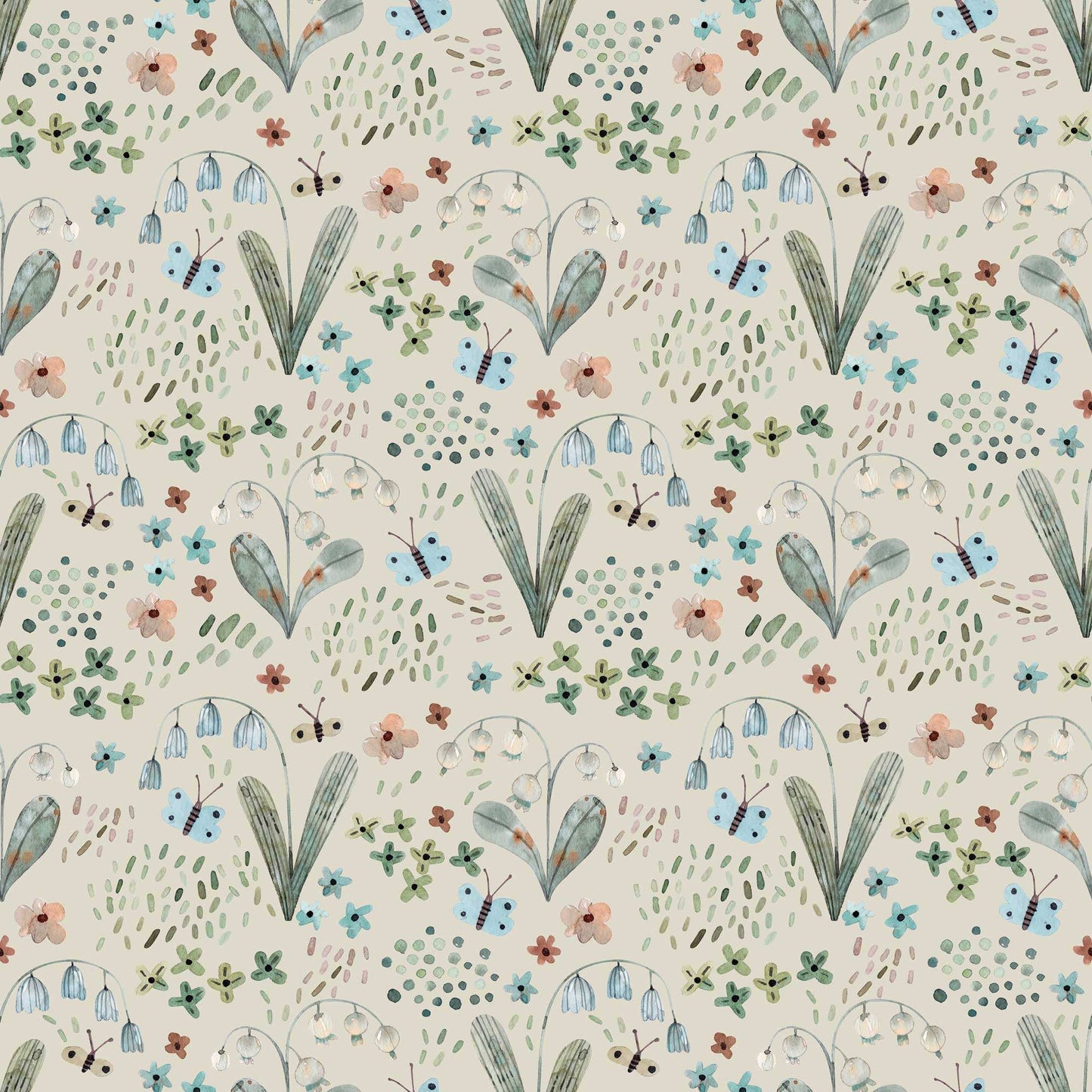 Nursery Wallpaper adorned with Tiny Butterflies Snowdrops, Bluebells with pale stone background