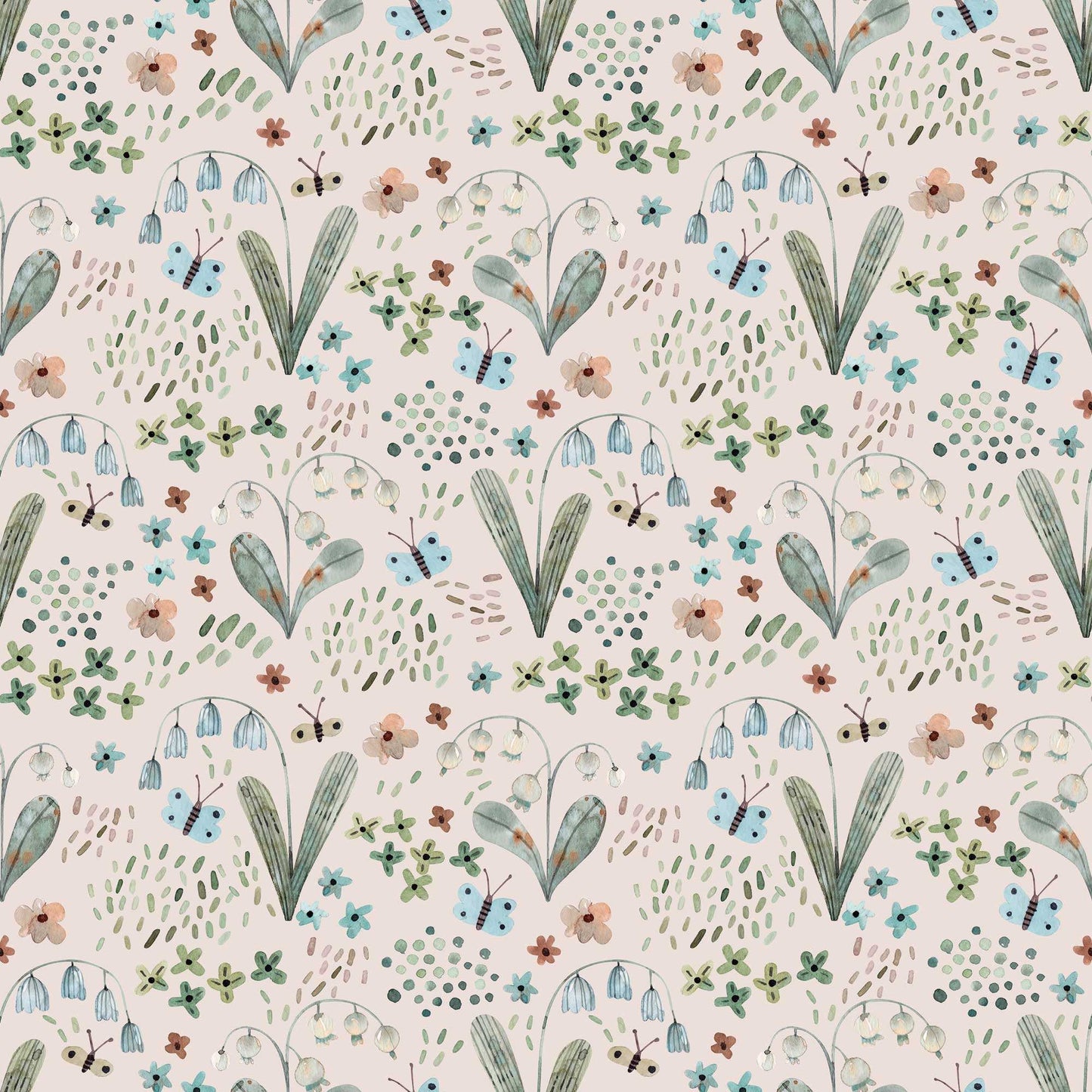 Nursery Wallpaper adorned with Tiny Butterflies Snowdrops, Bluebells with pale pink background