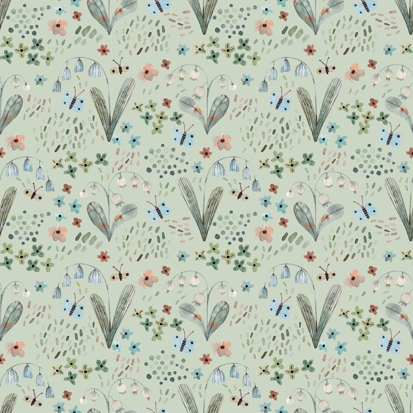 Nursery Wallpaper adorned with Tiny Butterflies Snowdrops, Bluebells with green background