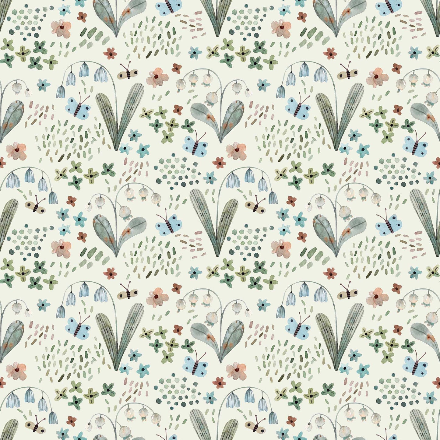 Nursery Wallpaper adorned with Tiny Butterflies Snowdrops, Bluebells with pale cream background