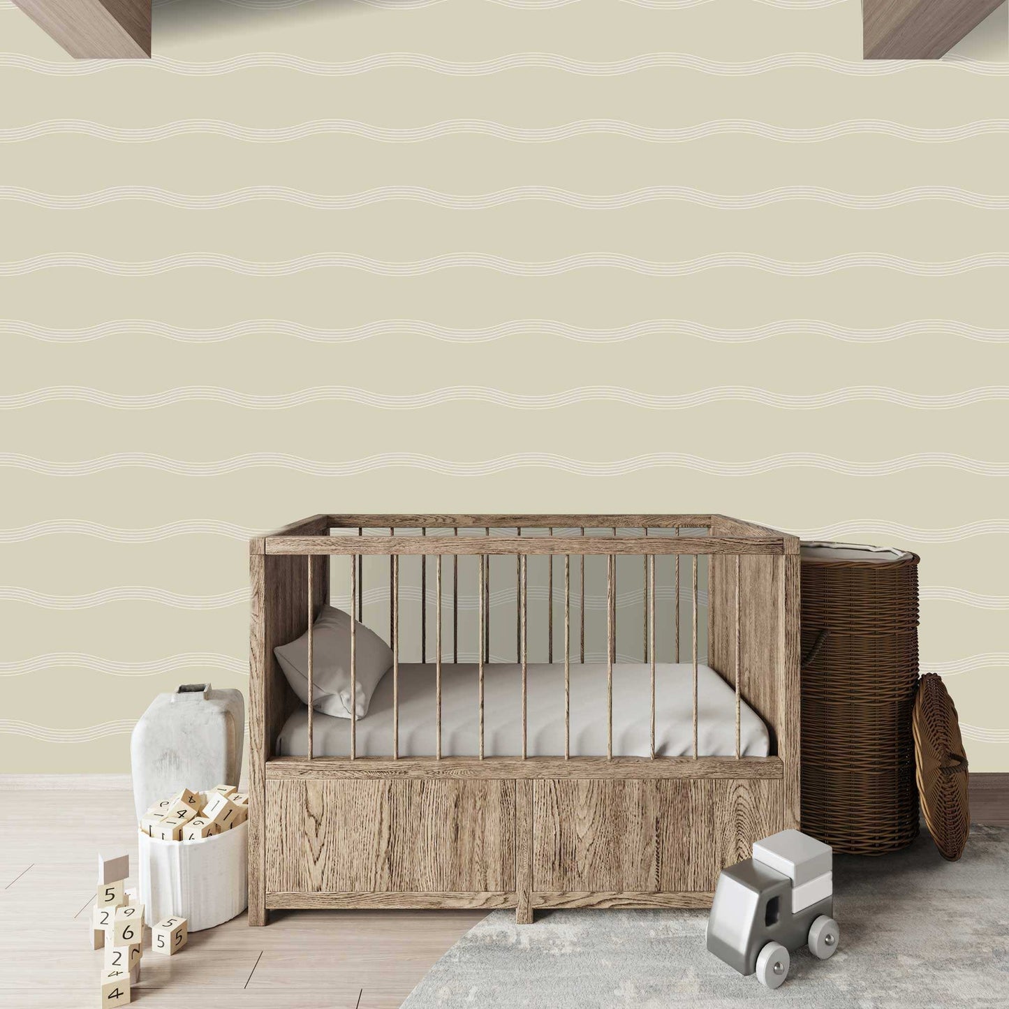 Kids bedroom decorated with a calming wavy design wallpaper, sepia background.