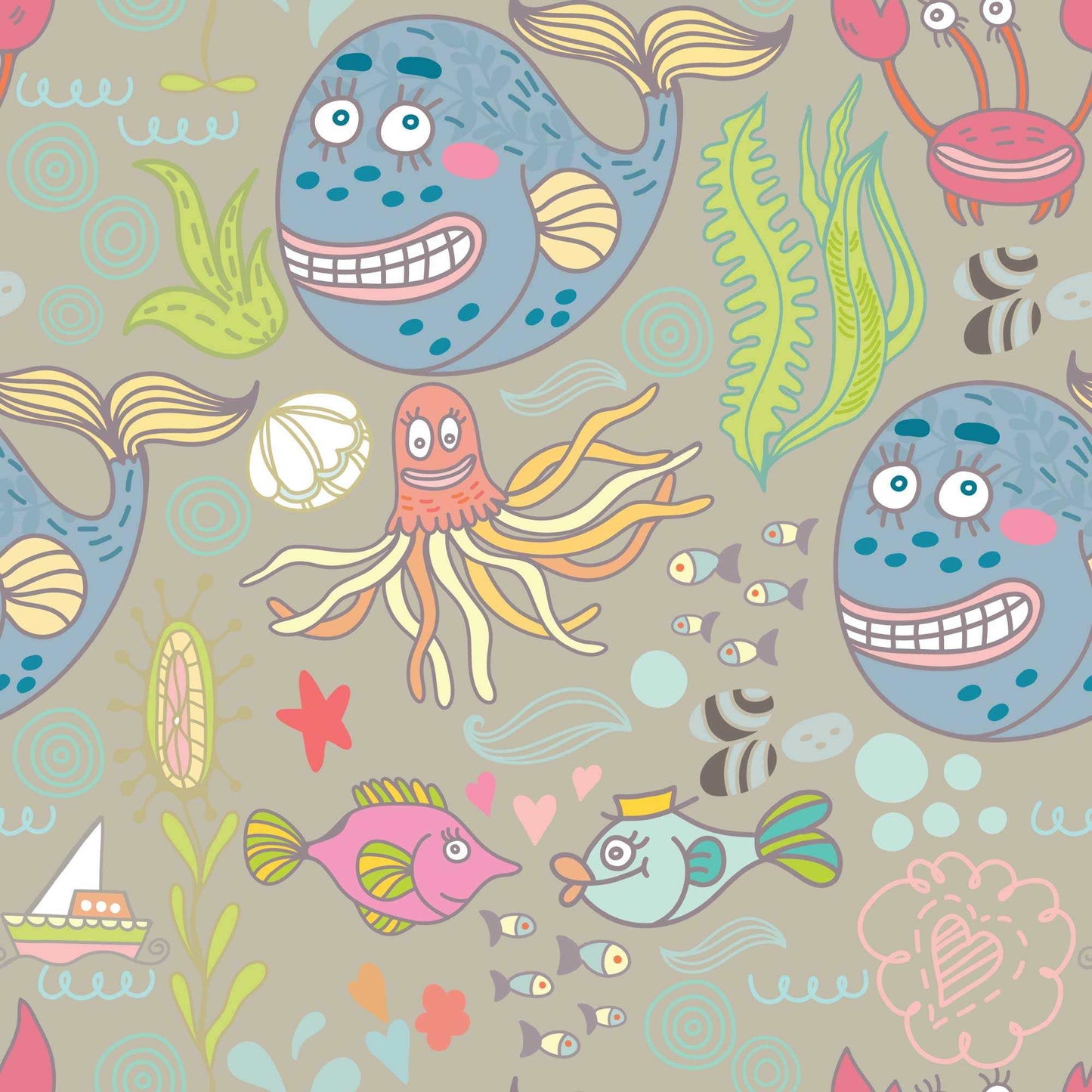 Kids Wallpaper Sea Creatures Cool Fish, Crabs, Jellyfish and Starfish with warm grey background.