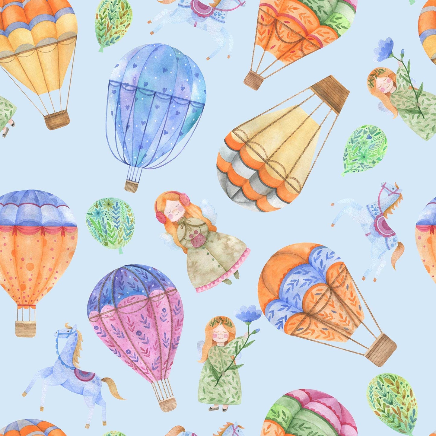 Girls Nursery Wallpaper - Hot Air Balloons Horses Cute Girl with Wings and Flowers in Sky Blue
