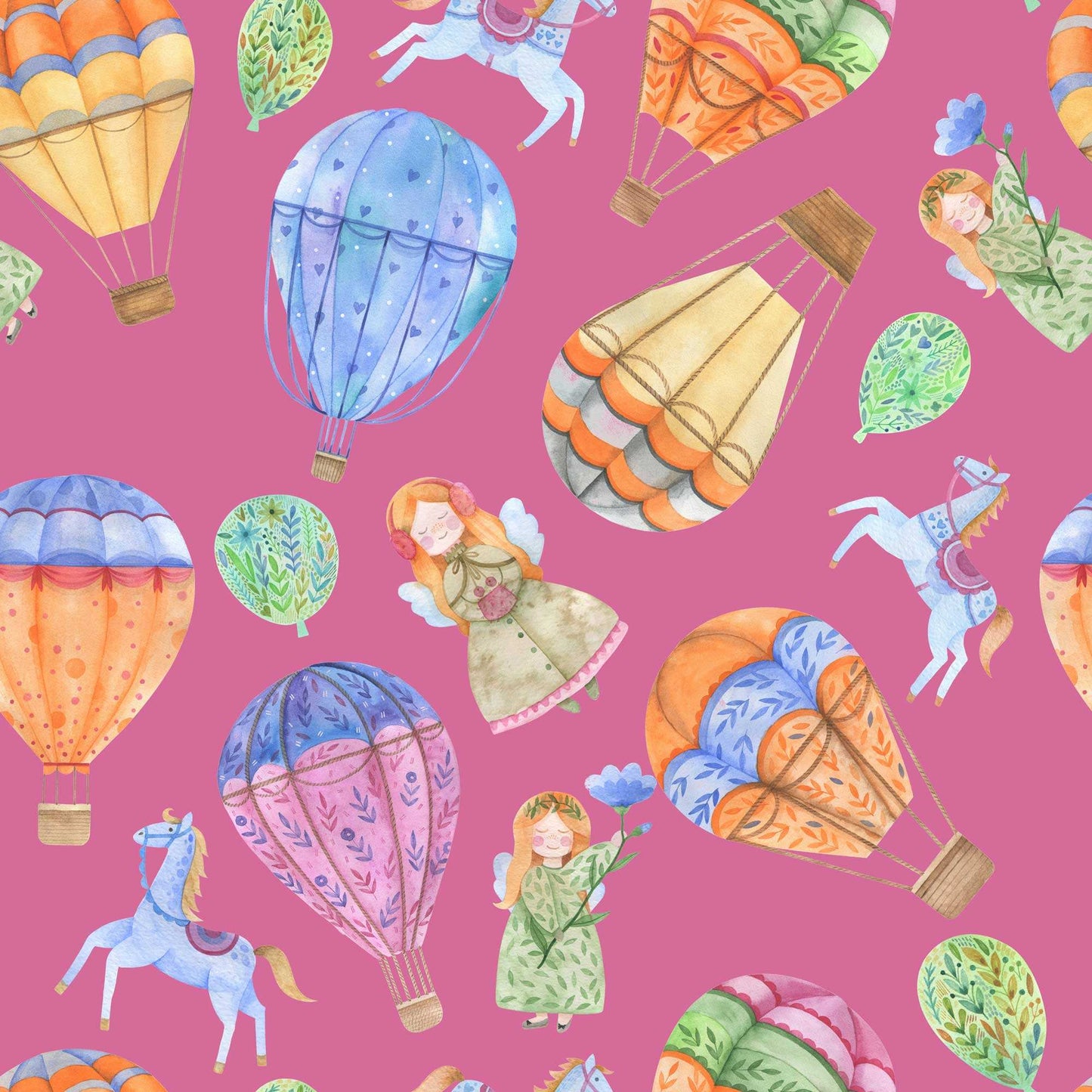 Girls Nursery Wallpaper - Hot Air Balloons Horses Cute Girl with Wings and Flowers in Deep Pink