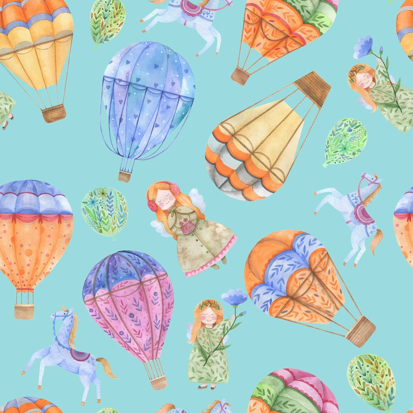 Girls Nursery Wallpaper - Hot Air Balloons Horses Cute Girl with Wings and Flowers in Sky Blue