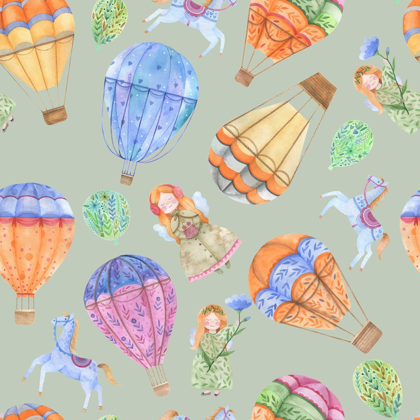 Girls Nursery Wallpaper - Hot Air Balloons Horses Cute Girl with Wings and Flowers in Pale Green colour