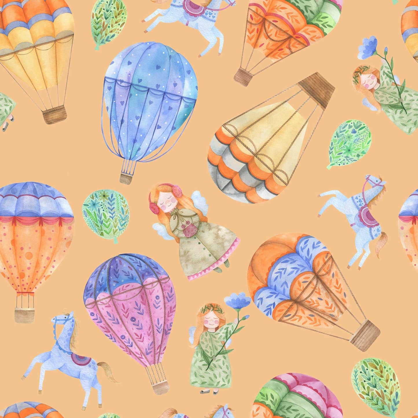 Girls Nursery Wallpaper - Hot Air Balloons Horses Cute Girl with Wings and Flowers in Peachy