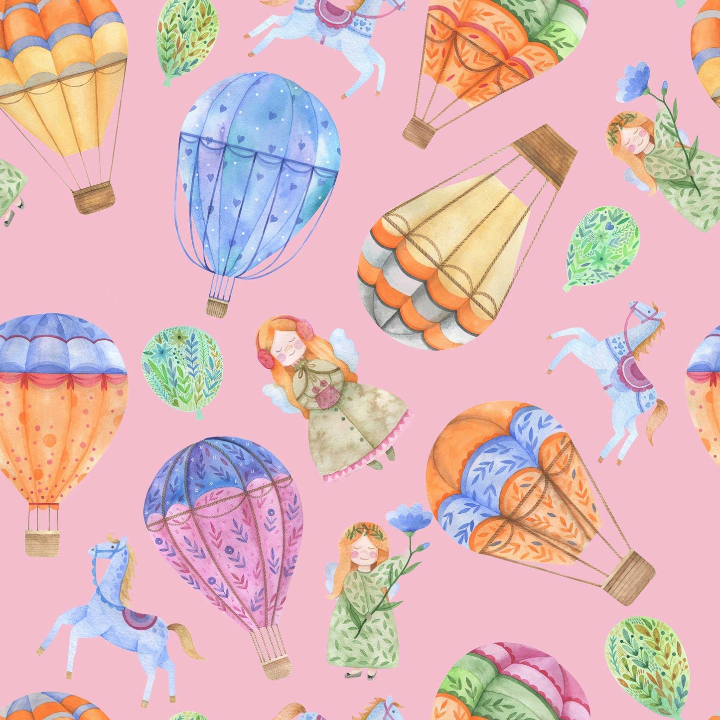 Girls Nursery Wallpaper - Hot Air Balloons Horses Cute Girl with Wings and Flowers in Pinky