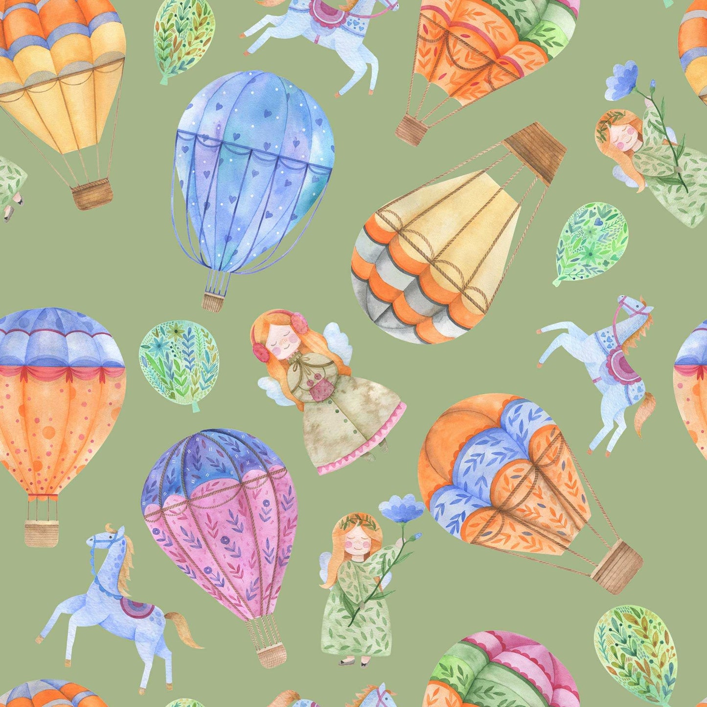 Girls Nursery Wallpaper - Hot Air Balloons Horses Cute Girl with Wings and Flowers in Sage Green