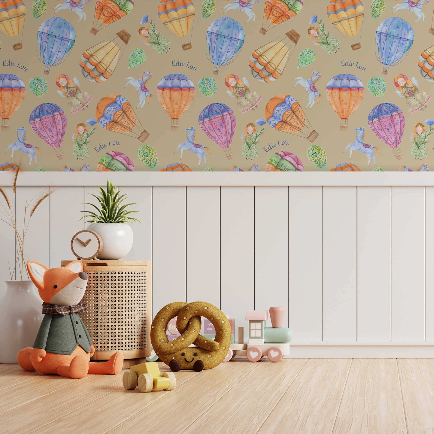 Girls Nursery Wallpaper - Hot Air Balloons Horses Cute Girl with Wings and Flowers Bedroom Image